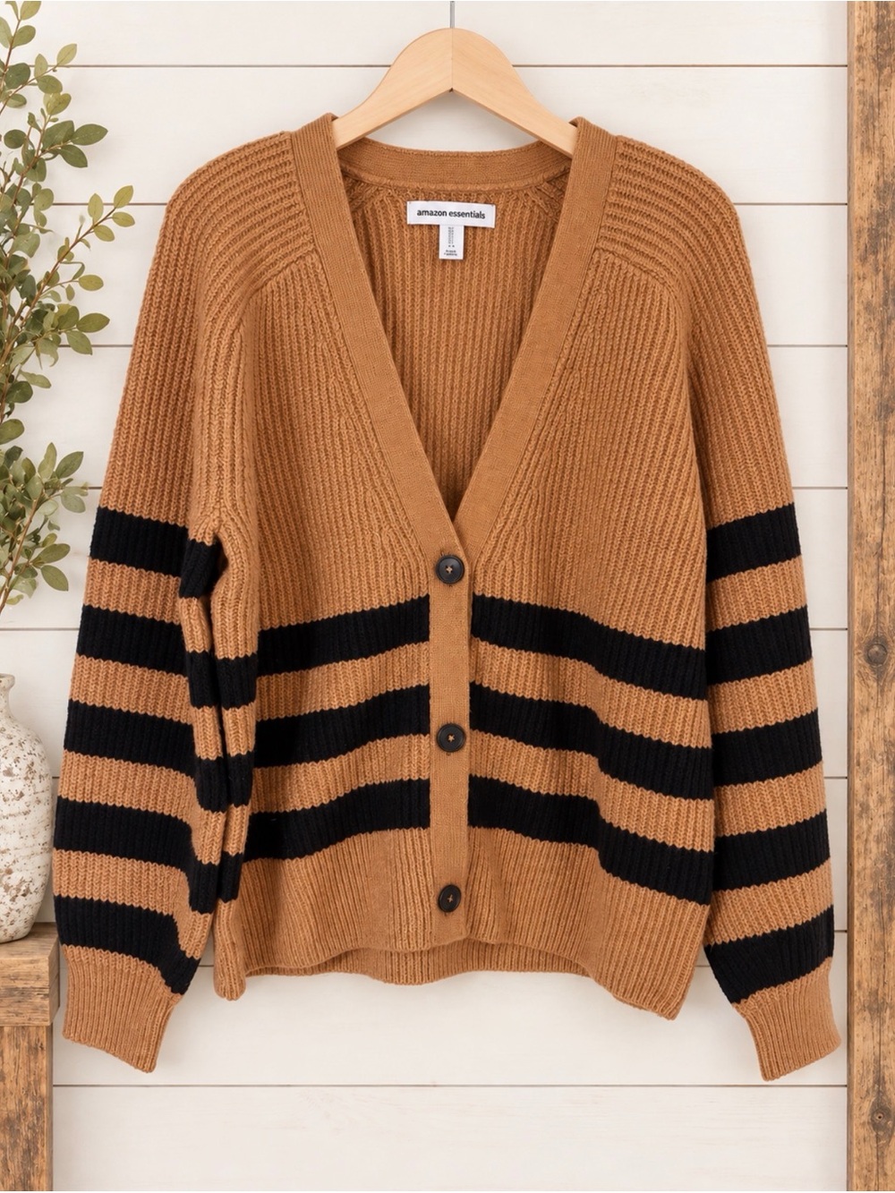 Amazon Essentials Tan and Black Striped Button-Front Cardigan